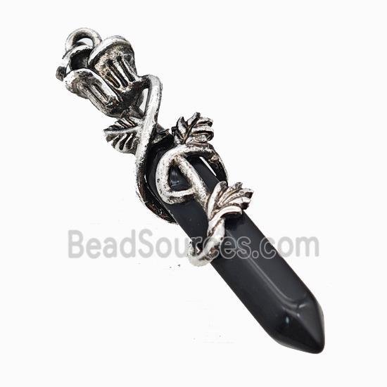 Natural Black Obsidian Prism Pendant Alloy Bine Antique Silver