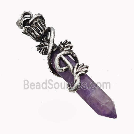 Natural Purple Amethyst Prism Pendant Alloy Bine Antique Silver