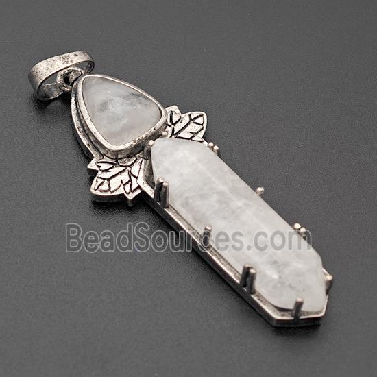 Natural Clear Quartz Prism Pendant Alloy Leaf Antique Silver