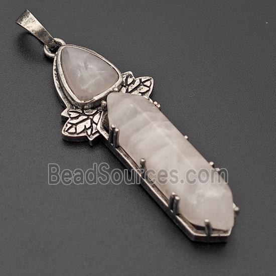 Natural Pink Rose Quartz Prism Pendant Alloy Leaf Antique Silver