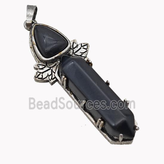 Natural Black Obsidian Prism Pendant Alloy Leaf Antique Silver