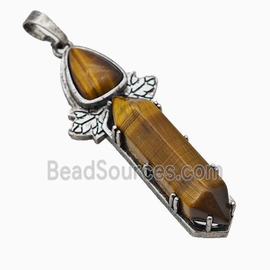 Natural Tiger Eye Stone Prism Pendant Alloy Leaf Antique Silver