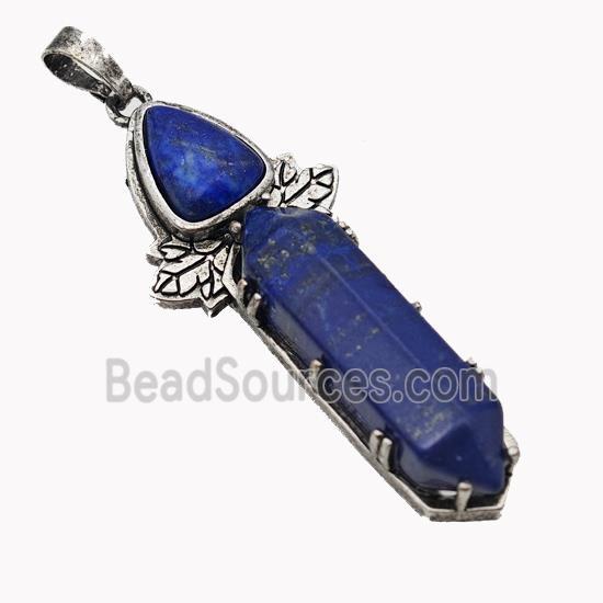 Natural Blue Lapis Lazuli Prism Pendant Dye Alloy Leaf Antique Silver