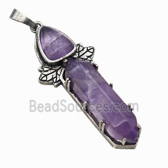 Natural Purple Amethyst Prism Pendant Alloy Leaf Antique Silver