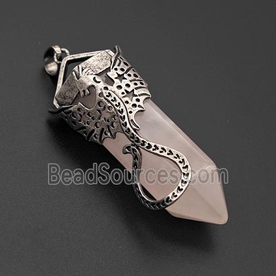 Natural Rose Quartz Prism Pendant With Alloy Peterosaur Antique Silver