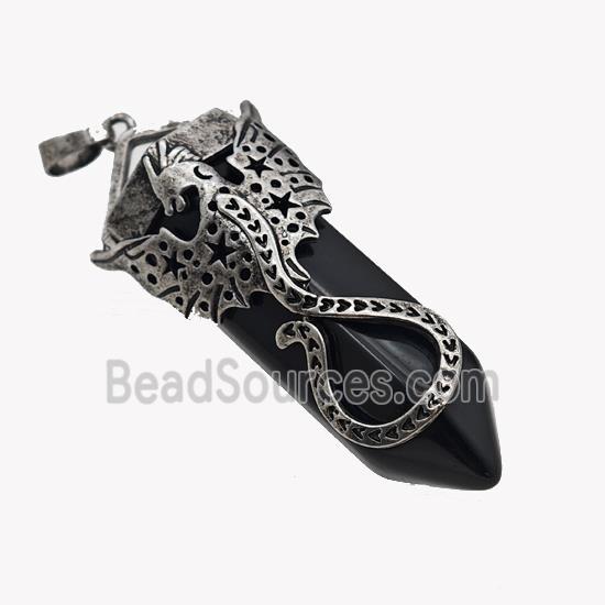 Natural Black Obsidian Prism Pendant With Alloy Peterosaur Antique Silver