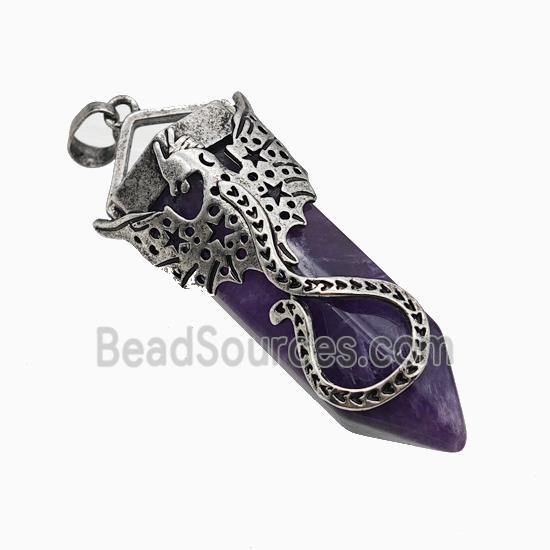 Natural Purple Amethyst Prism Pendant With Alloy Peterosaur Antique Silver