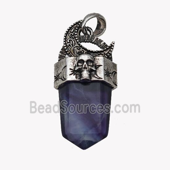 Natural Multicolor Fluorite Prism Pendant Dye Alloy Moon Skull Antique Silver