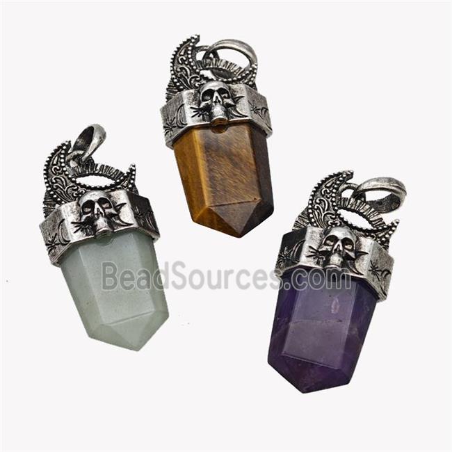 Natural Gemstone Prism Pendant Alloy Moon Skull Antique Silver Mixed