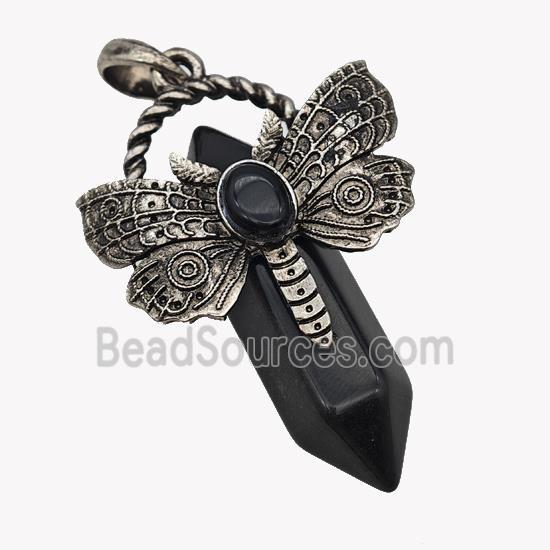 Natural Black Obsidian Prism Pendant Alloy Butterfly Antique Silver