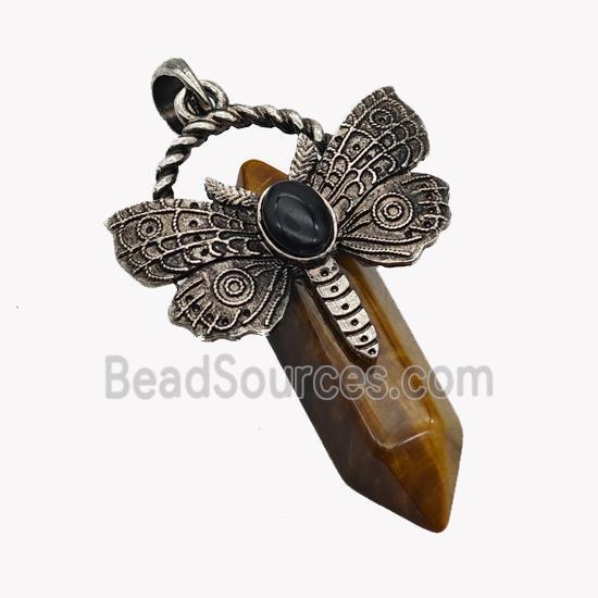 Natural Tiger Eye Stone Prism Pendant Alloy Butterfly Antique Silver