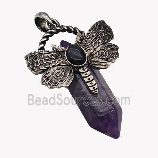 Natural Purple Amethyst Prism Pendant Alloy Butterfly Antique Silver