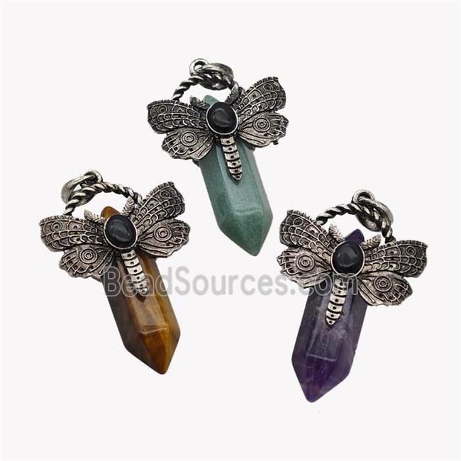 Natural Gemstone Prism Pendant Alloy Butterfly Antique Silver Mixed