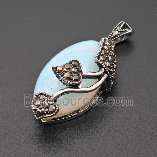 Natural Opalite Leaf Pendant Alloy Pave Rhinestone Antique Silver