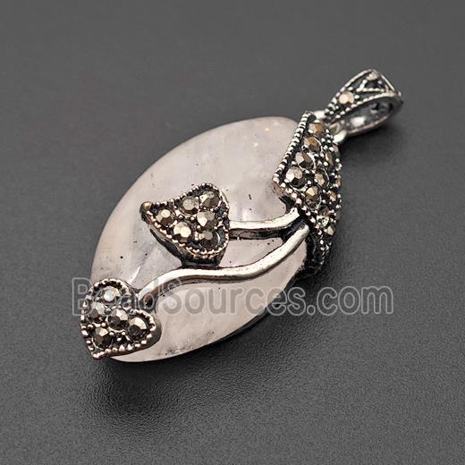 Natural Pink Rose Quartz Leaf Pendant Alloy Pave Rhinestone Antique Silver