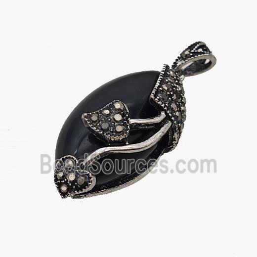 Natural Black Obsidian Leaf Pendant Alloy Pave Rhinestone Antique Silver