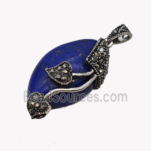 Natural Lapis Lazuli Leaf Pendant Blue Dye Alloy Pave Rhinestone Antique Silver