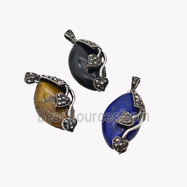 Natural Gemstone Leaf Pendant Alloy Pave Rhinestone Antique Silver Mixed