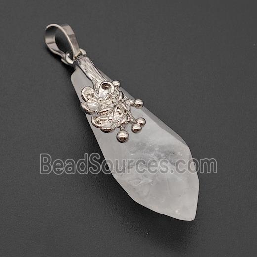 Natural Clear Quartz Teardrop Pendant Alloy Flower Antique Silver