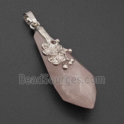 Natural Pink Rose Quartz Teardrop Pendant Alloy Flower Antique Silver