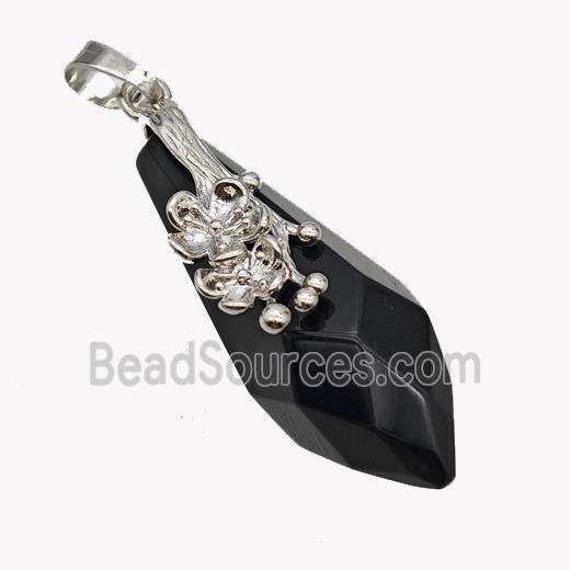 Natural Black Obsidian Teardrop Pendant Alloy Flower Antique Silver