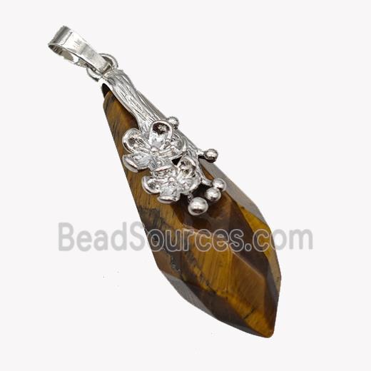 Natural Tiger Eye Stone Teardrop Pendant Alloy Flower Antique Silver