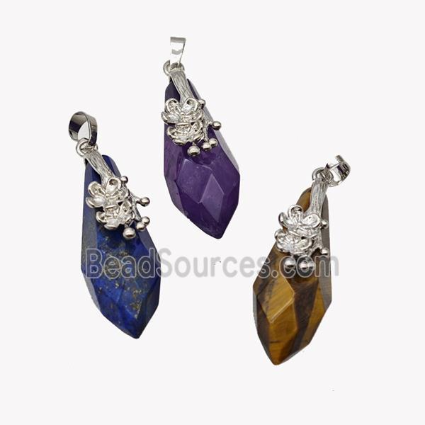 Natural Gemstone Teardrop Pendant Alloy Flower Antique Silver Mixed