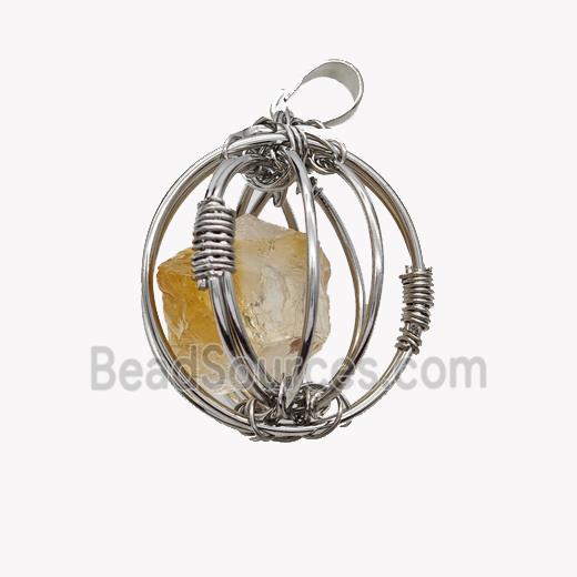 Copper Sphere Pendant With Citrine Nugget Wire Wrapped Platinum Plated