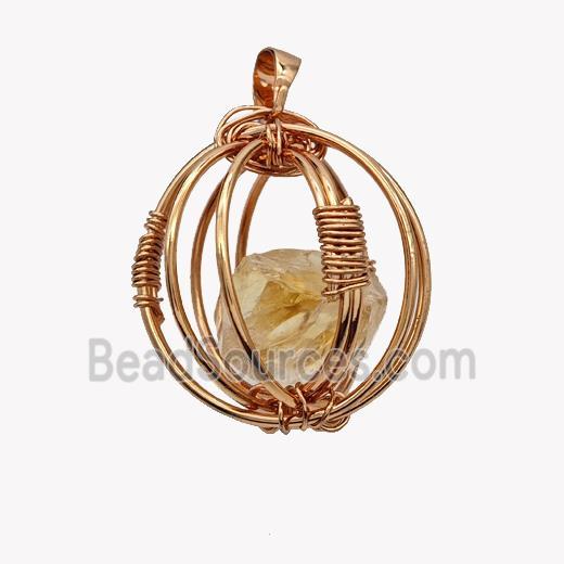 Copper Sphere Pendant With Citrine Nugget Wire Wrapped Rose Gold