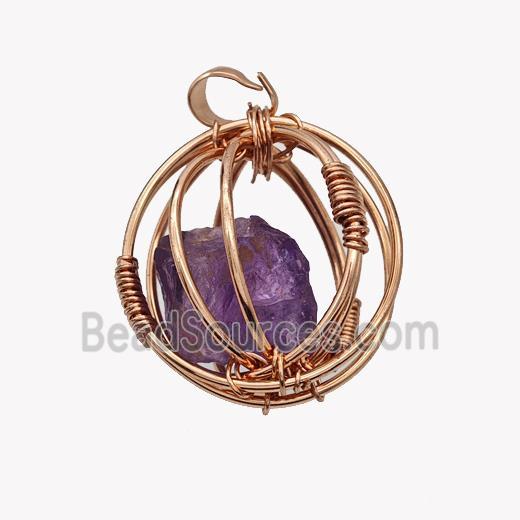 Copper Sphere Pendant With Purple Amethyst Nugget Wire Wrapped Rose Gold