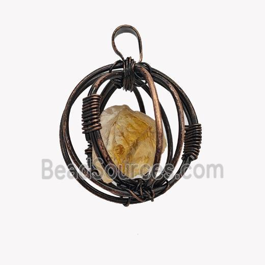 Copper Sphere Pendant With Citrine Nugget Wire Wrapped Antique Red