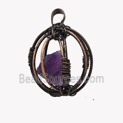 Copper Sphere Pendant With Amethyst Nugget Wire Wrapped Antique Red