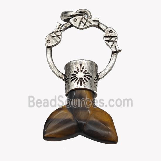 Natural Tiger Eye Stone Mermaid-tail Pendant Alloy Fish Antique Silver