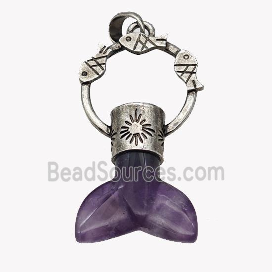 Natural Purple Amethyst Mermaid-tail Pendant Alloy Fish Antique Silver