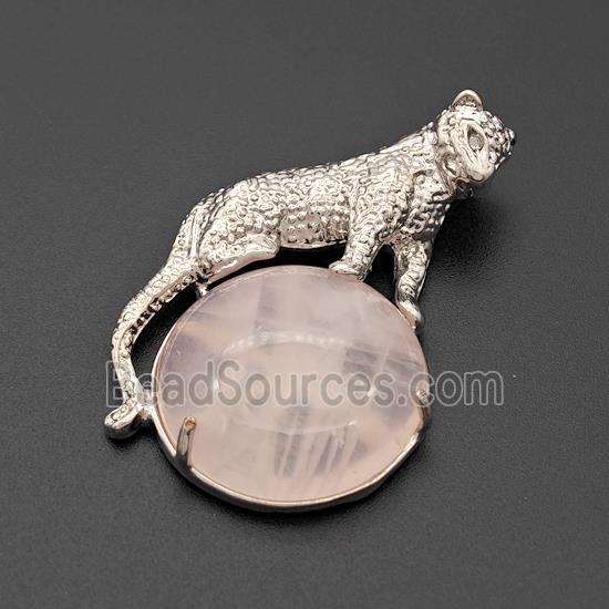 Alloy Leopard Pendant Pave Rose Quartz Platinum Plated