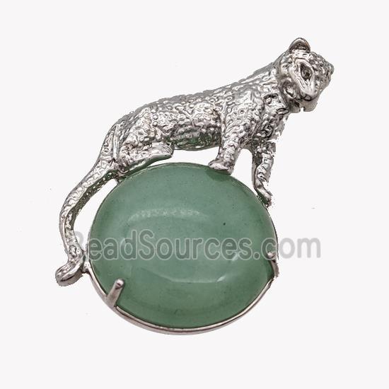 Alloy Leopard Pendant Pave Green Aventurine Platinum Plated