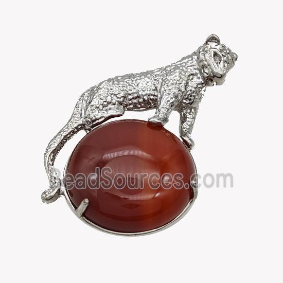 Alloy Leopard Pendant Pave Red Agate Platinum Plated