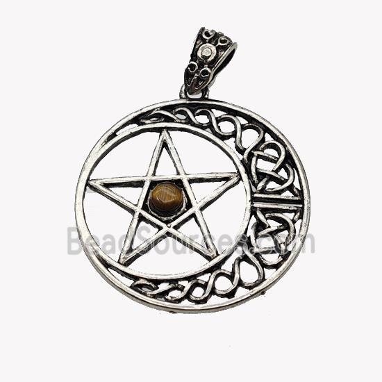 Alloy Moon Star Pendant Pave Tiger Eye Stone Antique Silver