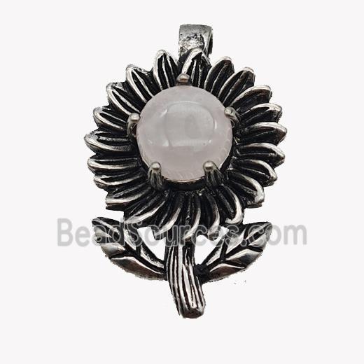 Alloy Sunflower Pendant Pave Pink Rose Quartz Antique Silver