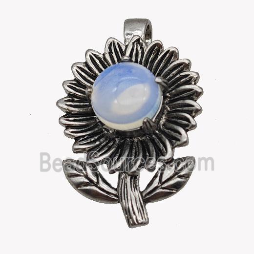 Alloy Sunflower Pendant Pave Opalite Antique Silver