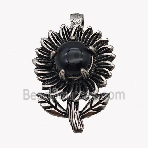 Alloy Sunflower Pendant Pave Black Obsidian Antique Silver