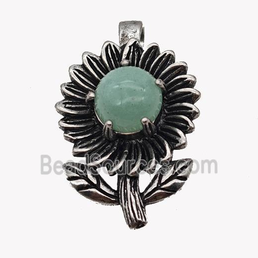 Alloy Sunflower Pendant Pave Green Aventurine Antique Silver