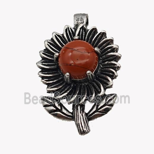 Alloy Sunflower Pendant Pave Red Jasper Antique Silver