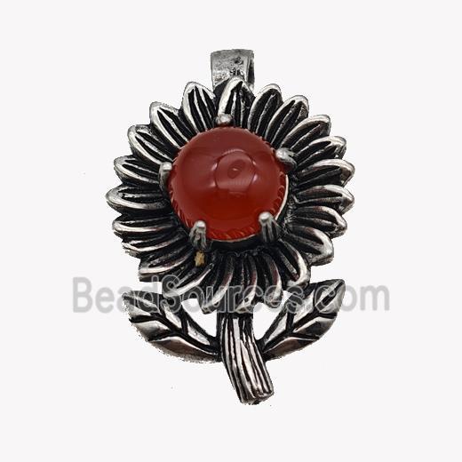 Alloy Sunflower Pendant Pave Red Agate Antique Silver