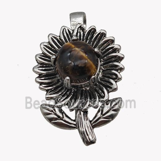 Alloy Sunflower Pendant Pave Tiger Eye Stone Antique Silver