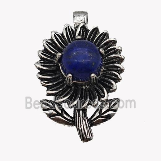 Alloy Sunflower Pendant Pave Blue Lapis Antique Silver