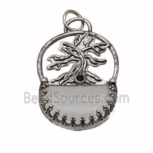 Alloy Tree Pendant Pave Rose Quartz Moon Antique Silver