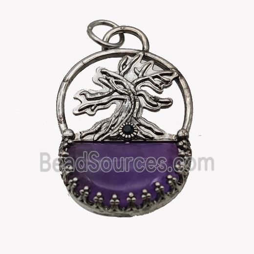 Alloy Tree Pendant Pave Purple Amethyst Moon Antique Silver