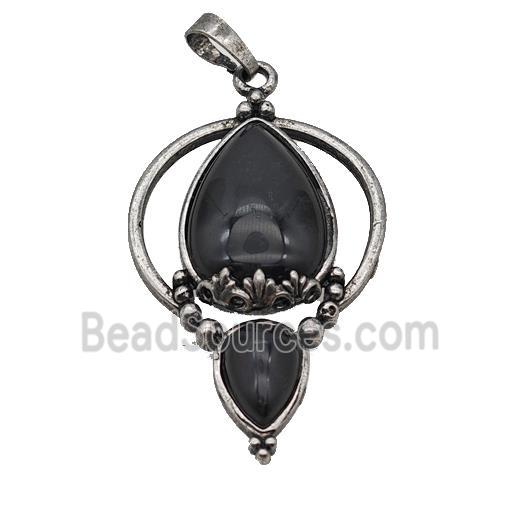 Alloy Teardrop Pendant Pave Black Obsidian Antique Silver