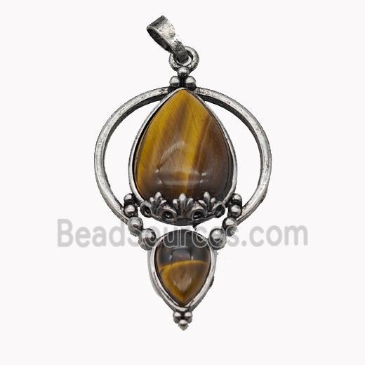 Alloy Teardrop Pendant Pave Tiger Eye Stone Antique Silver